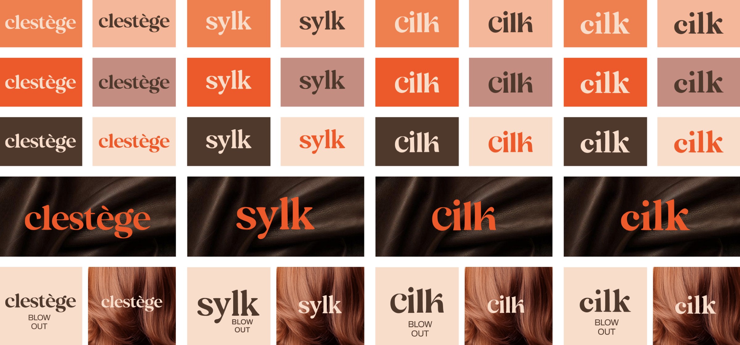 Concept III — the clestège, Sylk and Cilk name candidates explored in the terracotta palette, with product mockups